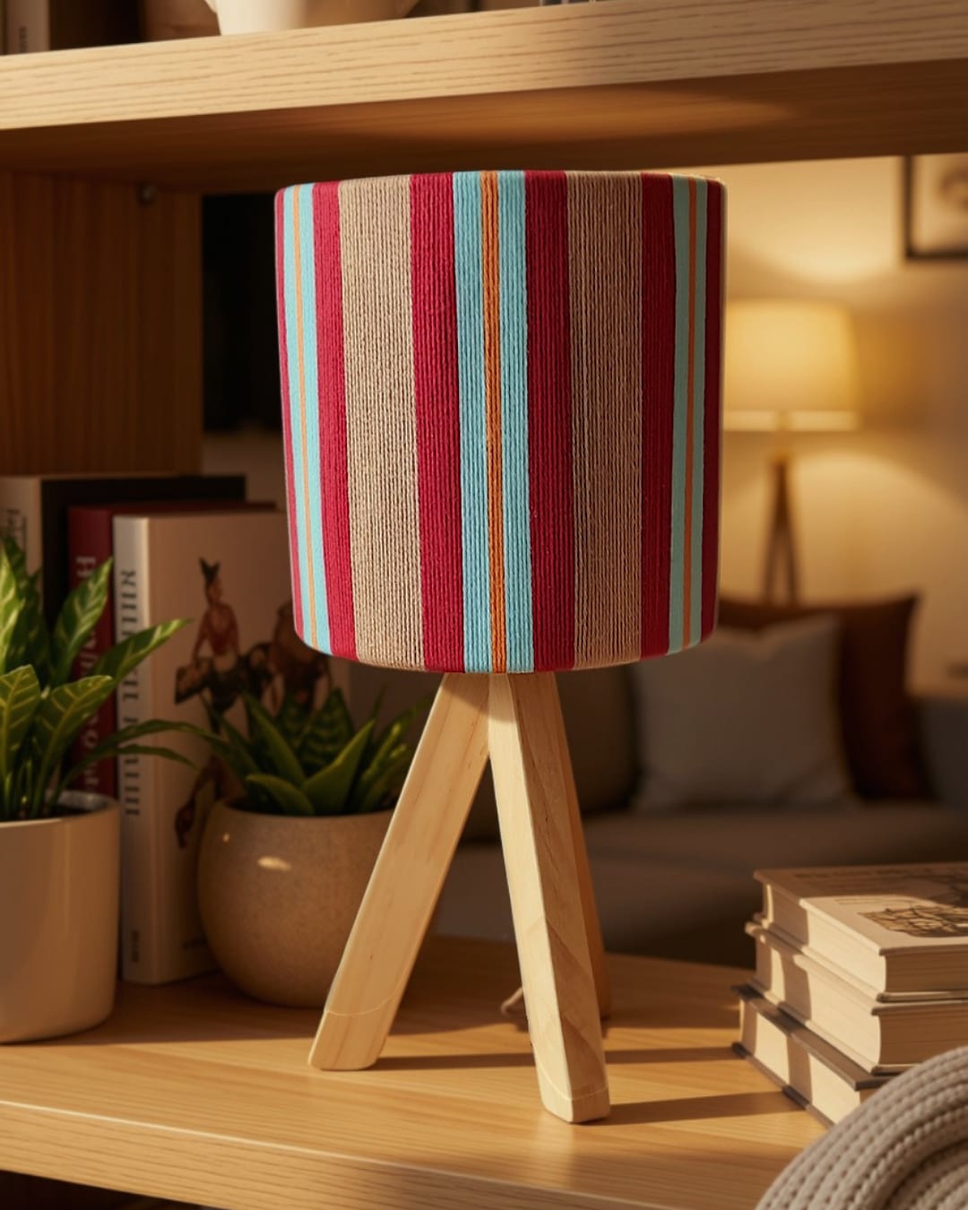 A finished lamp wrapped in crimson, turquoise and tan yarn, lit on a bookshelf